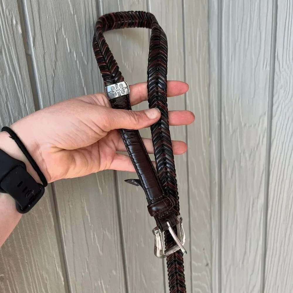 Brighton Braided Leather Belt L/34 Brown Croc Embossed w/ Silver Buckle